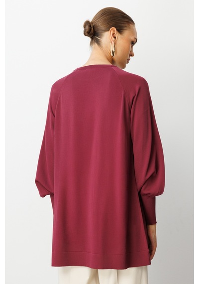 Mizalle Premium Rayon Balon Kol Mürdüm Triko Kazak Mürdüm