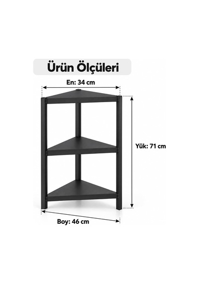 3 Katlı Modüler Üçgen Köşe Rafı Siyah 34x46x71 Cm Çok Amaçlı Çok Renkli