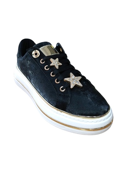 Ses 2714 Kadın Saten Taş Emojili Günlük Sneaker Ayakkabı Siyah