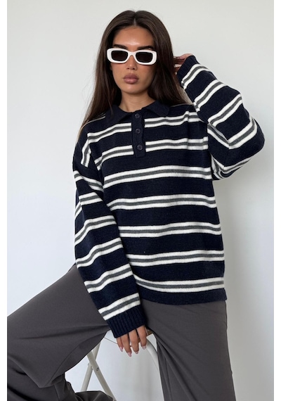 Madmext Lacivert Polo Yaka Çizgili Kadın Triko Kazak Mg2469 Lacivert