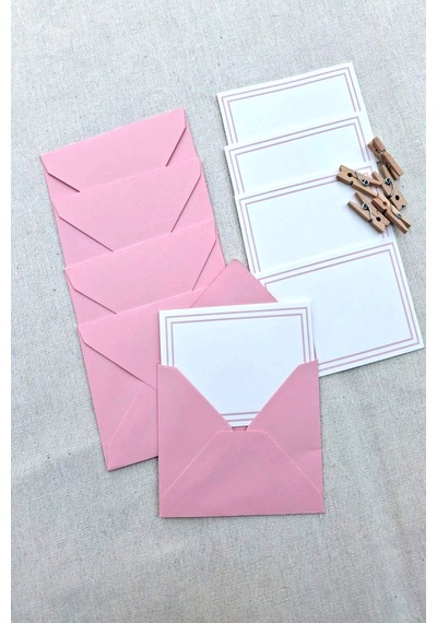 15 Adet Pembe Zarf Ve Mandallı Pembe Çizgili Kart - Hediye Paketleme Kartı - Not Kartı 1.hamur
