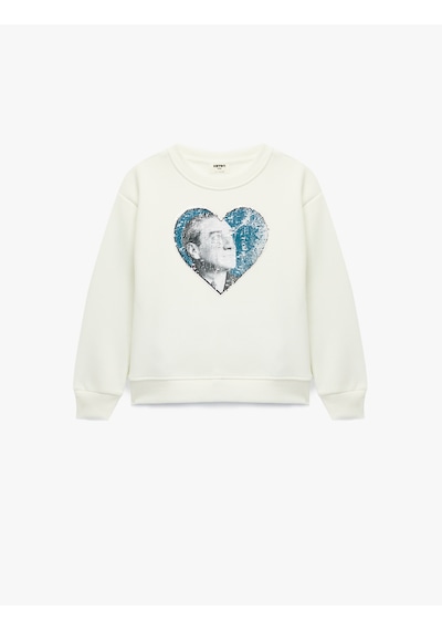 Koton Atatürk Baskılı Uzun Kollu Bisiklet Yaka Pullu Payetli Sweatshirt Ekru 6wkg10426ak Ekru
