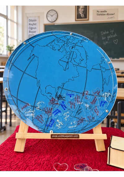 Kişiye Özel Dünya Haritalı Full Pleksi Yuvarlak Öğretmenler Günü Anı Kutusu 50cm