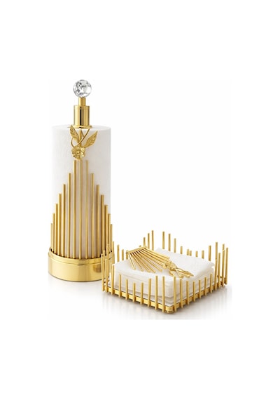 2li Gold Metal Aynalı Çiçek Model Lüks Kare Peçetelik Ve Gold Metal Çiçek Model Lüks Havlu Peçetelik Altın