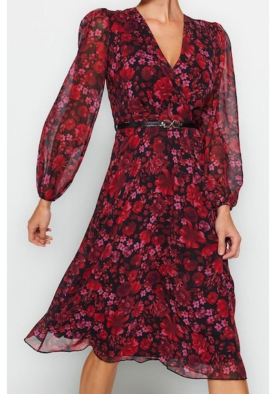 Ersefa Moda Stil Regular Kruvaze Midi Boy Kemerli A Kesim Yaka Desenli Ş Bordo
