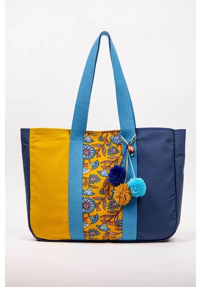 Fabric Craft Bag Omuz Çantası Kadın Duck Kumaş Desenli Büyük Boy Günlük Çanta Mavi - Sarı