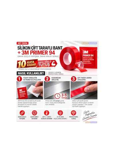 Silikon Çift Taraflı Bant 10adet 9mm X 5m + 10adet 3m Primer 94 Yapışma Güçlendirici Set