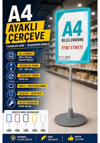 A4 Ayaklı Çerçeve Seti Yuvarlak Tabanlı Teleskopik Fiyat Etiketi Standı Turkuaz
