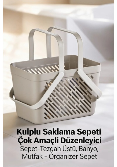 1'li Gri Çok Amaçlı Kulplu Sepet Mutfak Banyo Organizer Taşıma Sepeti Çok Renkli