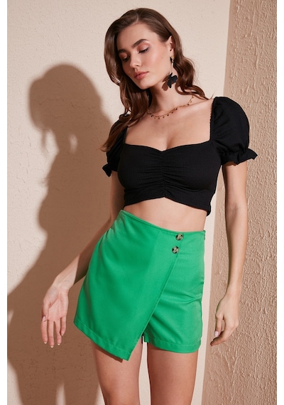 Lela Slim Fit Büzgü Detaylı Kalp Yaka Crop Bayan Bluz 5865601 Siyah