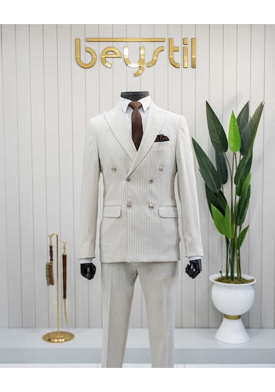 Beystil Sivri Yaka Bej Çizgili Kruvaze Takım Elbise Lecce - Slim Fit Bej