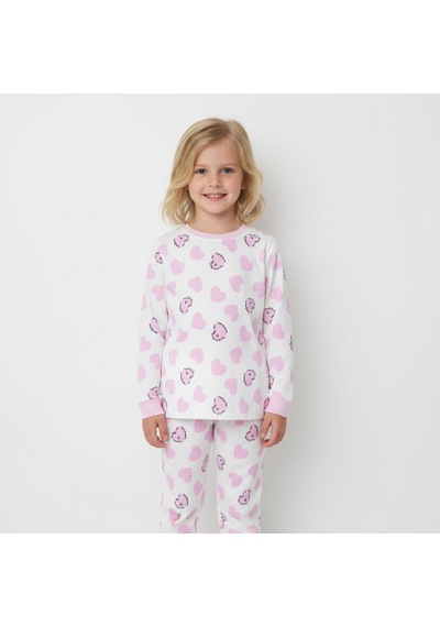 Kalp Desenli Kız Çocuk Pijama Takımı KREM