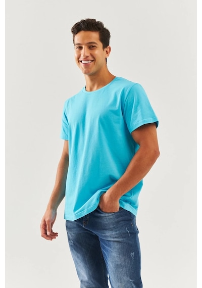 Erkek Oversize Rahat %100 Pamuklu Penye Bisiklet Yaka Kısa Kol Basic T-shirt Aqua