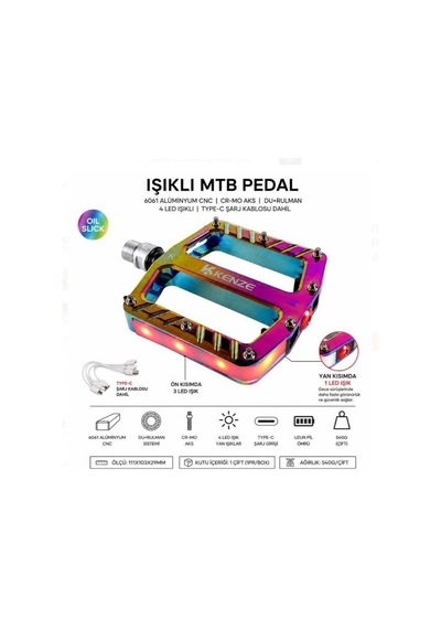 Kenze 3 Rulmanlı Işıklı Rainbow Alüminyum Alaşımlı Mtb Bmx Geniş Hafif Platform Pedal Işıklı Oilslick