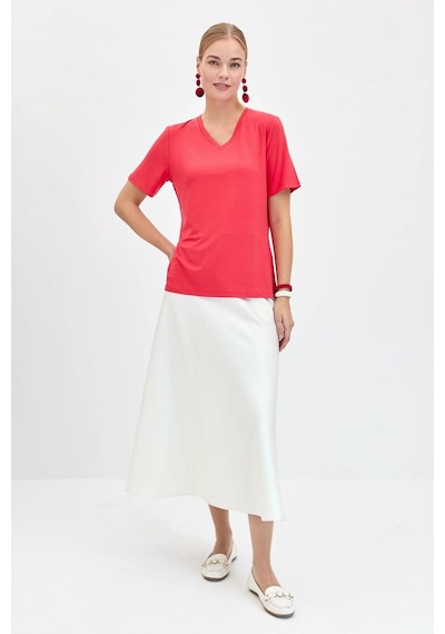 Desen Triko Kadın V Yaka Flamlı Kumaş Basic T-shirt Kmy24085 Mercan