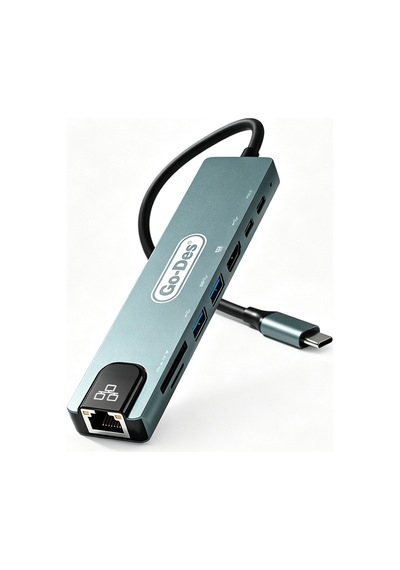 Go Des Gd-9230 Type-c Bağlantılı 8in1 Usb3.0 + Pd + Hdmi 4k Ultra Hd + Rj45 + Sd/tf Hub Adaptör Gri