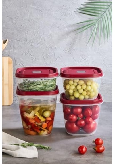 Modern 4 ' Lü Kare Vakumlu Saklama Kabı - Özel Vakum Kapağı - Kırmızı - 1000ml 1500ml -2000ml -2500ml
