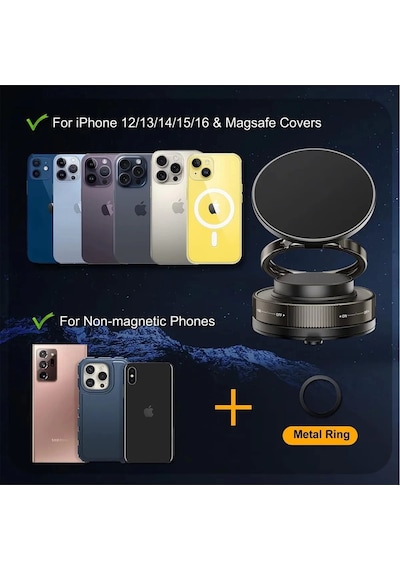 Metalik Magsafe Telefon Tutucu Tüm Yüzeylerle Uyumlu Vakumlu 360 Dönen Oynar Başlık Siyah