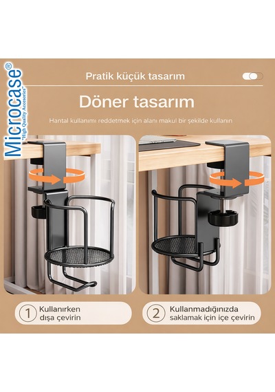 Microcase Çok Amaçlı Masaya Monte Bardak Termos Şişe Ve Kulaklık Tutucu Al5439 Siyah