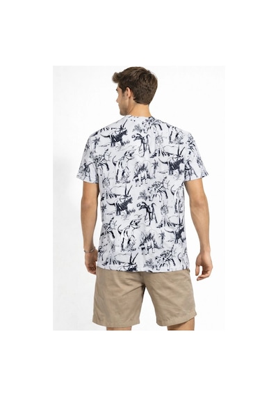 Barlashive Erkek Dinozor Dijıtal Ön Ve Arka Baskılı Tişört Bisiklet Yaka T-shirt - Beyaz Çok Renkli