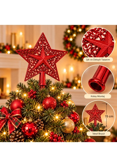 Kırmızı Motifli Yıldız Çam Ağacı Tepeliği - Dekoratif Canlı Kırmızı Oymalı Yılbaşı Ağaç Tepe Süsü - 9069916345002 Diğer