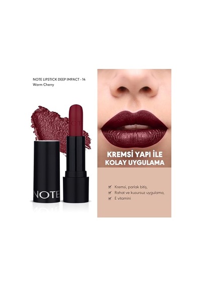 Note Cosmetics Deep Impact Lipstick 14 Warm Cherry Kremsi Dokulu Yarı Parlak Ruj, Kırmızı 00