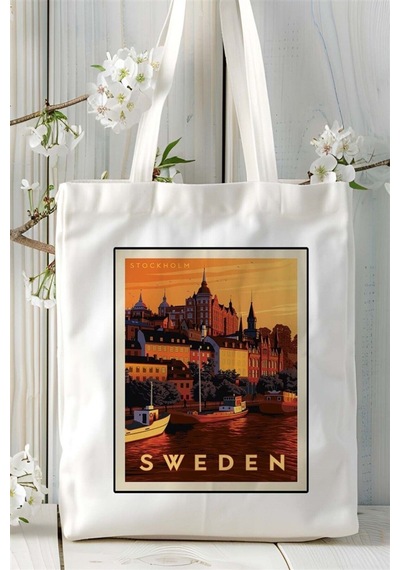 Art Hediye Sweden İsveç Baskılı Bez Çanta Omuz Çantası Kişiye Özel Desen Çok Renkli