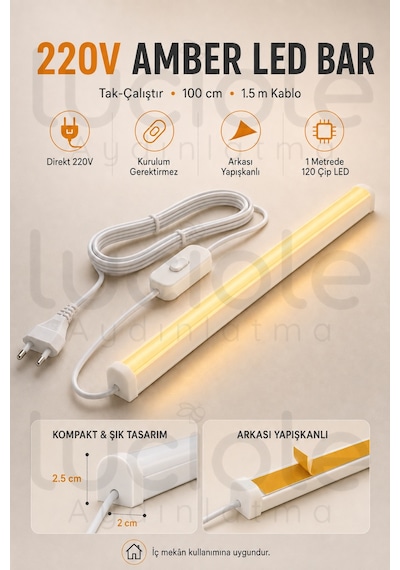220v Amber Led Bar 100 Cm Fişli Anahtarlı Yapışkanlı Tezgah Altı Dolap İçi Aydınlatma