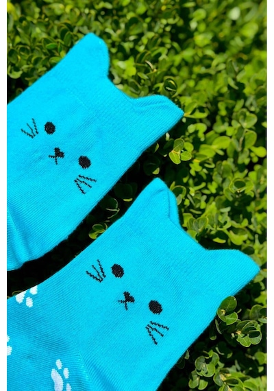 Lousocks Unisex Sevimli Kedi Kulaklı Pati Desenli Soket Çorap Turkuaz