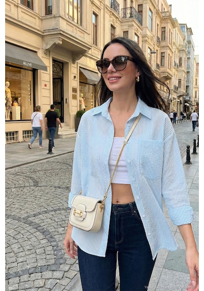 Lela Regular Fit Uzun Kollu Cepli Çizgili Bayan Gömlek 6772895 Bebe Mavi