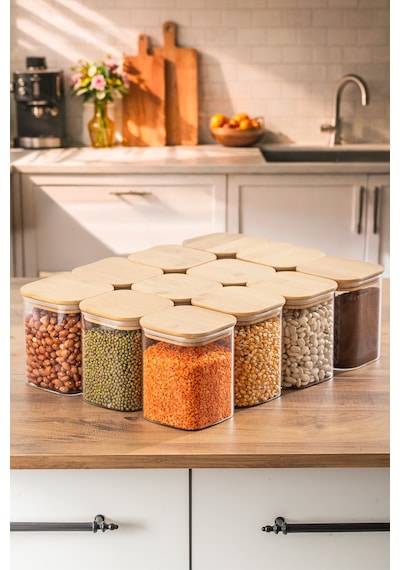 Porsima 5-4 Bambu Vakumlu Kapaklı Kare Borsilikat Cam 12li Kavanoz Seti Saklama Kabı 750ml 7,5x15cm