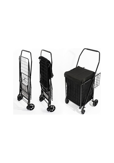 4 Tekerlekli 60 L Katlanabilir Kılıflı Pazar Arabası 360 Dönebilen Metal İskeletli Siyah Alışveriş Arabası