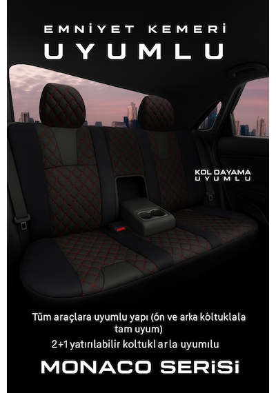 Audi A-5 Quattro 2015 - 2019 - Monaco Eviza Kumaş Deri Detaylı Oto Koltuk Kılıfı - Siyah Kırmızı Siyah Kırmızı