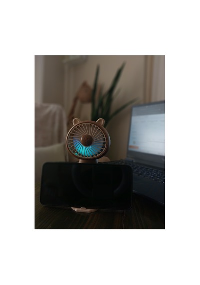 Led Işıklı Şarjlı Mini Vantilatör Telefon Standlı Usb Taşınabilir El Ve Masaüstü Fanı Bej