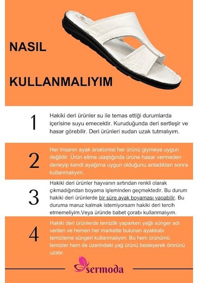 Hakiki Gerçek Deri Erkek Terlik Hafif Terlik Deri A. Şır Beyaz A. Şır Beyaz