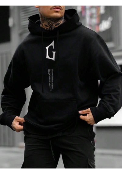 Startmore Siyah Unisex Kadın/erkek Siyah G Baskılı Oversize Kapüşonlu