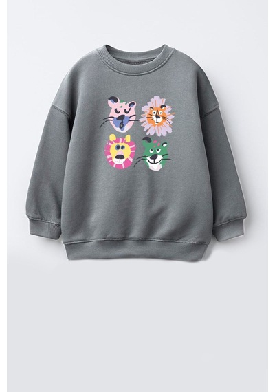 Monila Kız Çocuk 3 İplik Kumaş Pamuklu Hayvan Baskılı Sweatshirt Antrasit