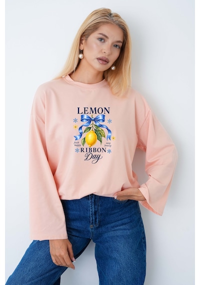 Medinenur Limon Baskılı Uzun Kollu Tesettüre Uygun Body Somon