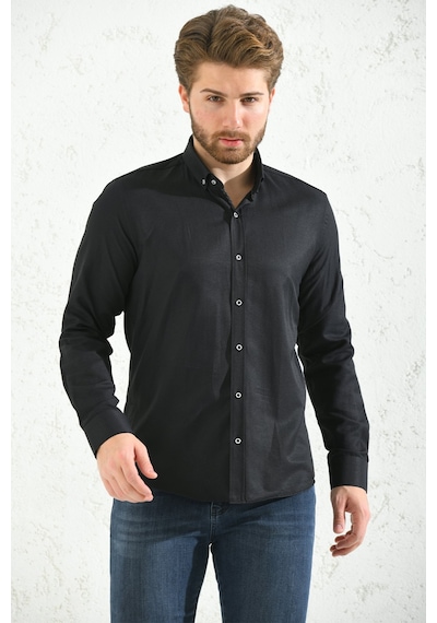 Erkek Slim Fit Uzun Kol Oxford Yaka Düğmeli Hediye Kutulu Gömlek Siyah