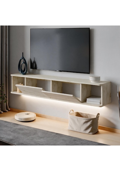 İnarch Dizayn Twist Led Işıklı Duvara Monte Tv Sehpası - 2 Kapaklı Traverten