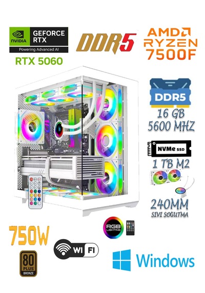 Apphirex Prime 75W R5-7500F 16 GB 1 TB SSD 8 GB RTX5060  W11P Masaüstü Oyuncu Bilgisayarı