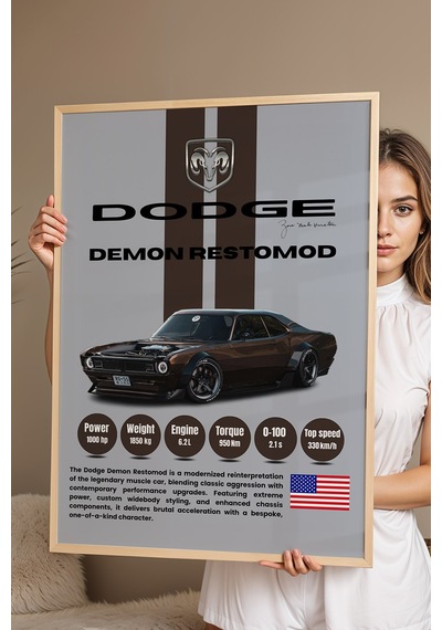 Dodge Demon Restomod Araba Tablosu - Teknik Özellikli Otomobil Poster - Çerçeveli Duvar Dekoru Kayın