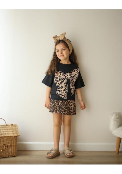 My Kids Wear Kız Çocuk Desenli Alt Üst Takım Kahverengi