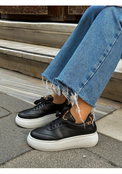 Erva'nın Butiği Siyah Cilt Leoy Leopar Bağcıklı Kadın Sneakers-5725