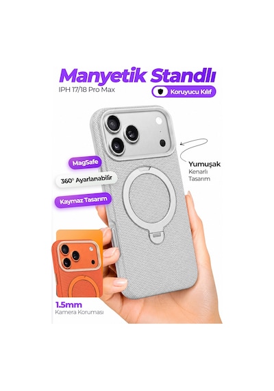 Fulltech Ftpc10 Apple iPhone Uyumlu 17 Pro Max  Gri Magsafe Kılıf 360 Döner Metal Halkalı Standlı Manyetik