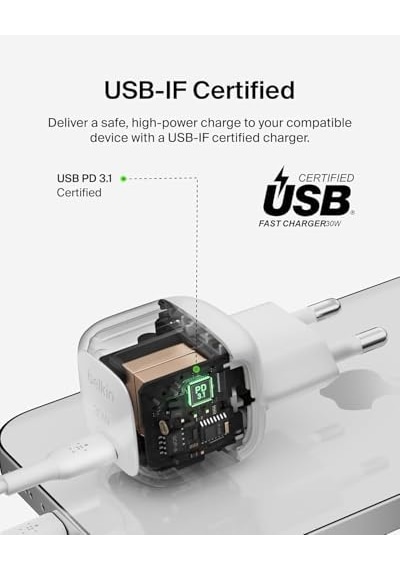30w Kompakt Duvar Şarj Cihazı, Usb-c Power Delivery Hızlı Şarj,, Galaxy, İpad, Airpods, Tablet & Daha Fazlası İçin, Usb-c - Lightning Kablo İle, Beyaz