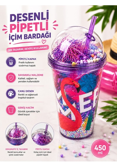 450 Ml Desenli Pipetli İçecek Bardağı Kapaklı Dekoratif Soğuk İçecek Bardağı Çok Renkli