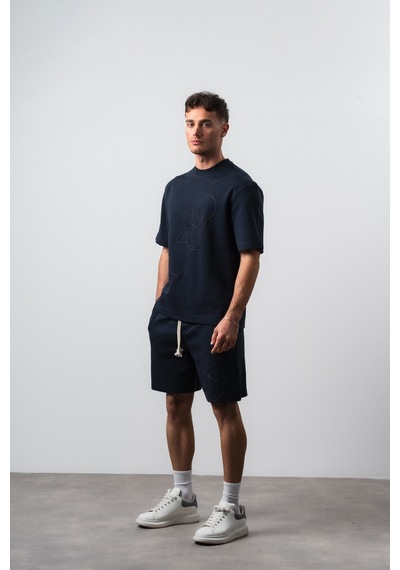 Erkek Nakış Detaylı Regular Fit T-shirt Şort Takım Lacivert