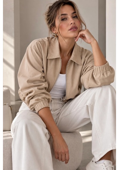 Bb Butik Basic Mevsimlik Fermuarlı Bomber Ceket Oversize Rahat Kalıp Fs3434 krem