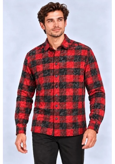 Suma Erkek Ekose Kareli Batik Yıkamalı Şardonlu Uzun Kollu Regular Fit Oduncu Gömlek - Kırmızı Suma Erkek Ekose Kareli Batik Yıkamalı Şardonlu Uzun Kollu Regular Fit Oduncu Gömlek - Kırmızı